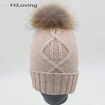 2016 Winter Fashion Brand Women Knit Hat With Fur Pom Pom Natural Fur Ball Women Bobble Hat Thick Warm Winter Female Bonnet Cap