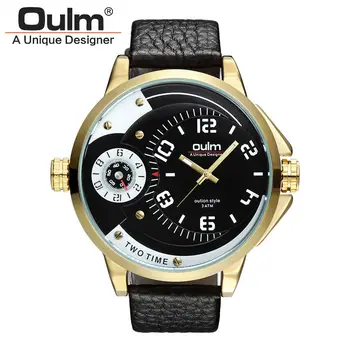 Original Brand Classic Black Leather Strap Luxury 2 Time Zone Double Movement Oulm Military relogio masculino Mens Gift Watches
