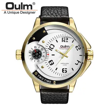 Original Brand Classic Black Leather Strap Luxury 2 Time Zone Double Movement Oulm Military relogio masculino Mens Gift Watches