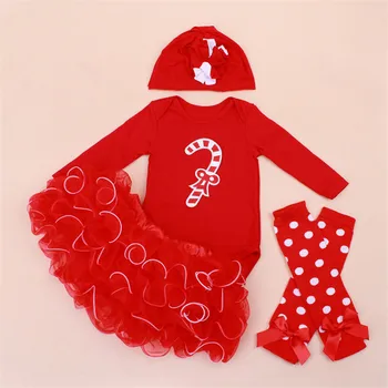 Newborn Girl Christmas Party Red Clothing Sets Long Sleeve Romper + Lace Layered Tutu Dress + Legging + Hat 4pcs Girl Kids Sets