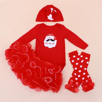 Newborn Girl Christmas Party Red Clothing Sets Long Sleeve Romper + Lace Layered Tutu Dress + Legging + Hat 4pcs Girl Kids Sets