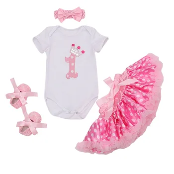 4PCs per Set Newborn Baby Girls 1st Birthday Dress Polka Dots Skirts Headband Retro Rose Flower Shoes for 0-24Months
