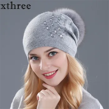 Xthree women's winter hat Rabbit fur wool knitted hat Shining Rhinestone the female of the mink hats for women beanies