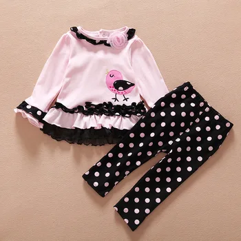 Spring Fall Baby Girl Clothing set Bird Embroidery Long Sleeve T Shirt + Dot Pants toddler girl clothing 9-24 christmas suit
