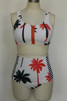 Palm Tree Printed Stripe High Waist Swimwear 2 Pcs set Tankini Swimsuits Women Summer Maillot De Bain Femme bathing suit LC41453