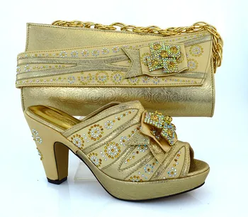 Gold glitter Italy matching shoes and bag set with shinning stones with for MM1014