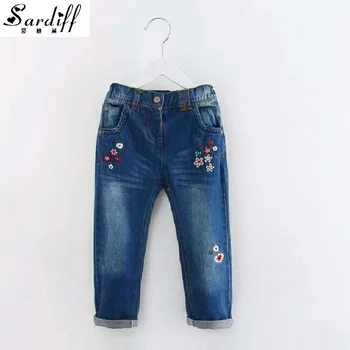 Sardiff 2017 Spring Summer Blue Jeans For Kids Boys Long Jeans Elastic Waist Childre Pants With Flower Cotton Embroidered Bottom