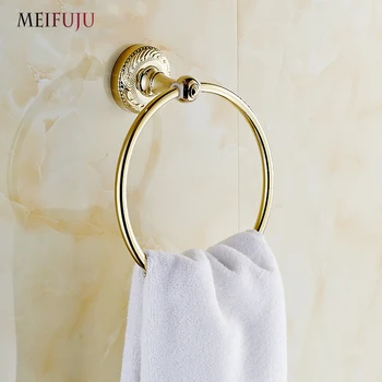 MEIFUJU Wall Mounted Copper Carving Golden finished Bathroom Accessories Products Brass Towel Ring Holder Bath