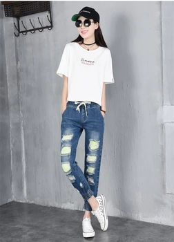 WomensDate 2017 New Fashion Ripped Jeans Women's Elastic Waist Jeans Fashion Boyfriend Jeans For Woman 4XL Hole Denim Pants