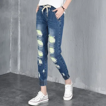 WomensDate 2017 New Fashion Ripped Jeans Women's Elastic Waist Jeans Fashion Boyfriend Jeans For Woman 4XL Hole Denim Pants