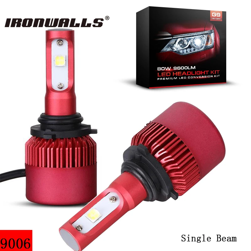 Ironwalls Led 9006 HB4 Headlight Bulb 80W Cree Chips 6500K 9600Lm Single Beam All-In-One Headlamp Kit Front Fog Light DC 12/24V