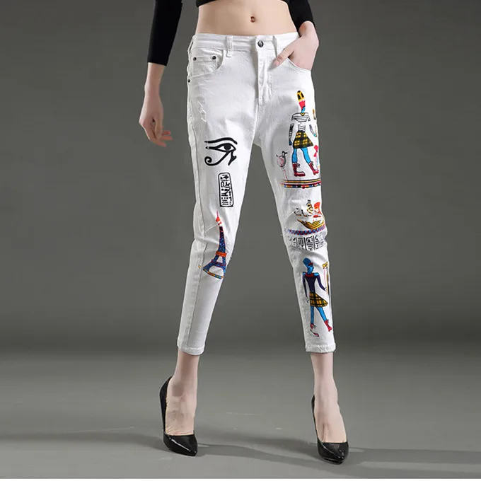 New jeans woman Cool white exotic style paint skinny jeans pencil pants denim fashion slim body feminino capris jeans NZ96