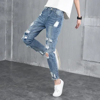 WomensDate 2017 Womens Ripped Cotton Denim Jeans Blue Washed Holes Boyfriend Style Female Casual Jeans Pants