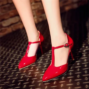 New 2017 Hot Women Pumps Ladies Sexy Pointed Toe High Heels Fashion T-Strap Stiletto High Heel Sandals Shoes Large Size 30-48