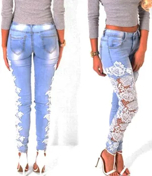 KL928 Hot selling spring skinny jeans woman solid patchwork hollow out pencil lace denim jeans female pants
