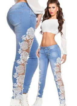 KL928 Hot selling spring skinny jeans woman solid patchwork hollow out pencil lace denim jeans female pants