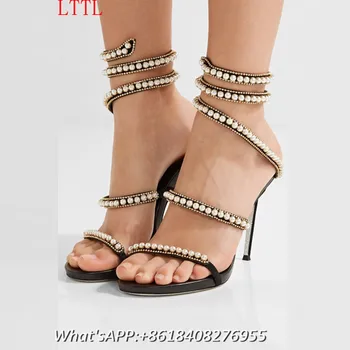 Pearl Gladiator Sandals Thin Heels Womens Sandals Summer 2017 Fashion Sexy High Heel Sandals Peep Toe Black Crystal Shoes Women