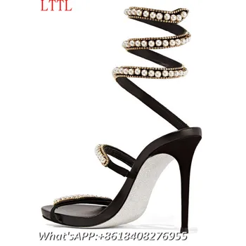 Pearl Gladiator Sandals Thin Heels Womens Sandals Summer 2017 Fashion Sexy High Heel Sandals Peep Toe Black Crystal Shoes Women