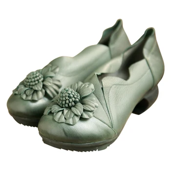 Discount Spring Womens Pumps Blue Sheepskin Ladies 5CM Heel Shoe Genuine Leather Handmade Women's Shoes Gree Flower Comfortable