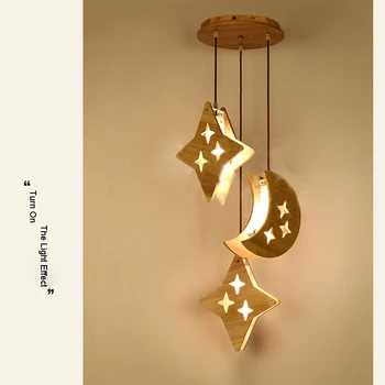 E27 Bulb Modern Simple Wood Moon & Stars Hanging Light Lighting Creative Wooden Kid Adult Bedroom Pendant Lamp Fixture PL522