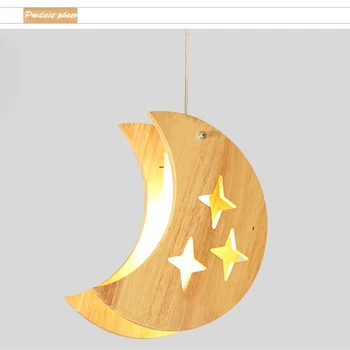 E27 Bulb Modern Simple Wood Moon & Stars Hanging Light Lighting Creative Wooden Kid Adult Bedroom Pendant Lamp Fixture PL522