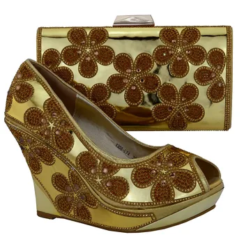 1308-L74 gold color size 38-42 Favorite Design Italian Shoes and Bag Set Good Selling African Wedding Shoes And Bag Set