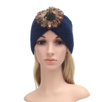 New Hot Feather Flower Hats Knitted Beanies Muslim India Hat Warm Winter Cap for Women Bonnet Femme Gorros