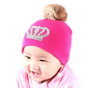0 to 2 year old baby knitted winter hat cap girl boy kids cotton fuchsia red thermal animal fur pompom children crown beanies