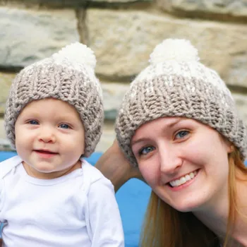 2PCS Winter Warm Mother+Baby Knit Bobble Hat Kids Girls Boys Casual Beanie Cap