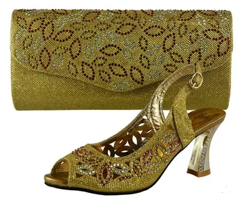 2016 Newest fashion African shoes and bag to match beautiful gold color 292 Italy shoes and bag set high heel for lady!