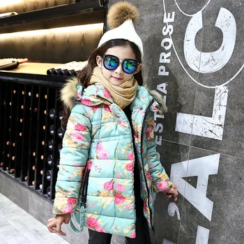 Girls Winter Lovely floral pattern Warm Coat Hooded thicker long section baby coa size 120-160