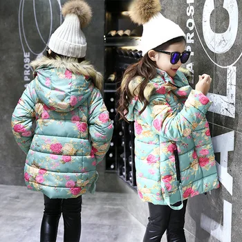 Girls Winter Lovely floral pattern Warm Coat Hooded thicker long section baby coa size 120-160