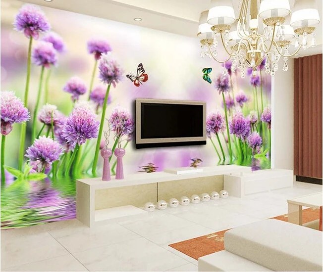 3D wallpaper custom mural non-woven wall paper Purple flower reflection TV setting wall painting photo wallpaper for walls 3d