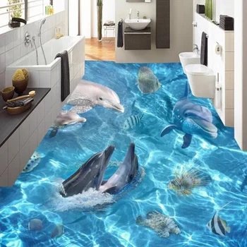Custom Size 3D Floor Wallpapers Waterproof Natural Scenery Dolphin Kitchen Room Background Self-adhesive Wall Mural