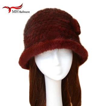Russian Mink Knitted Hat Winter Women Knitted Mink Hat Thick Warm Hat Real Fur Glamor Brand Multicolor Fisherman's Hat H#51