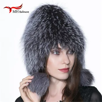 2017Real Fox Fur Hat Fashion Lady Fox Fur Hat Knit Knit Winter Warm Thick Silver Fox Hat with Fox fur Ball Beanies Hat H#54