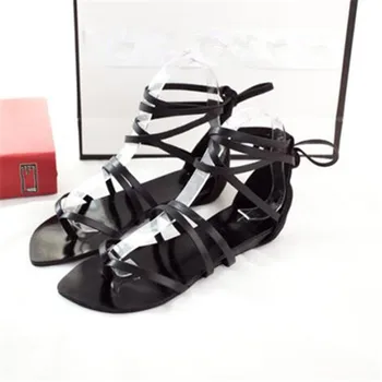 Woman Shoes 2017 Summer Sandales Femmes Black White Solid Cross-Tied Lace-Up Ankle Strap Flat Riband Women Sandals Flip Flops