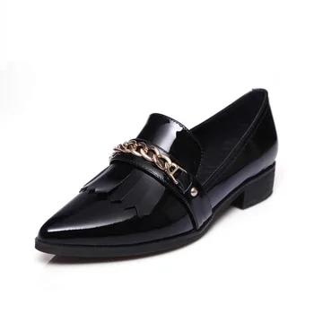 2017 Fashion Genuine Leather Retro British Style Solid Low Heels Pointed Toe Handmade Tassel Metal Buckle Women Lazy Shoes 02