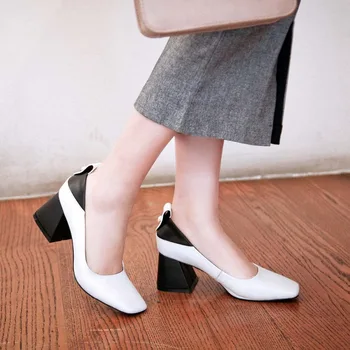 Fashion Brand Summer Shoes Genuine Leather High Heels Square Toe Slip on Party Women Pumps Office Lady Slingback Elegant Shoe 15