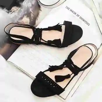 2017 Fashion Genuine Leather Women Brand Shoes Peep Toe Party Low Heel Tassel Women Sandals Lace Up Superstar Casual Shoes 2-1