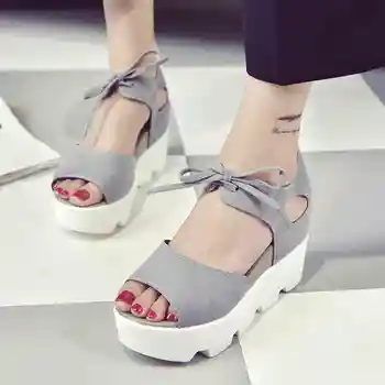 2017 summer new Korean version of the slope with thick crust fish head strap sandals flat heels summer women shoes muffin female
