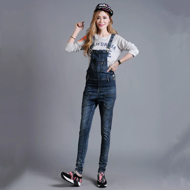 2017 New Fashion Denim Bib Pants Spaghetti Strap One Piece Jeans For Women Overalls 26-40 Stretch Rompers Trousers