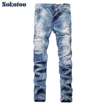 Sokotoo Men's fashion holes ripped beggar pants Casual patch painted patchwork slim straight denim jeans Long trousers