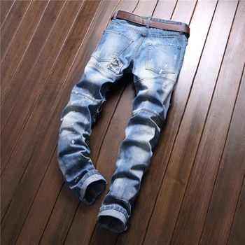 Sokotoo Men's fashion holes ripped beggar pants Casual patch painted patchwork slim straight denim jeans Long trousers