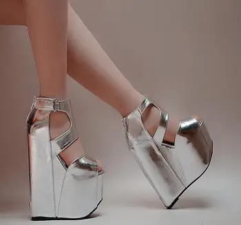MANMITU6- European vogue summer heels women wedges sandals fashion sexy cut-outs platform shoes trifles silver 17cm