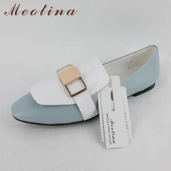 Meotina Shoes Women Flats Brand Desinger Genuine Leather Shoes Fashion Square Toe Sequined Flat Ladies Blue Shoes Large Size 10