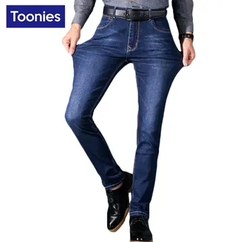 Men's Biker Warm Jeans 2017 Spring Autumn Elastic Casual Slim Denim Blue Sweat Pants for Men Trousers Plus Size Male Pants Jeans