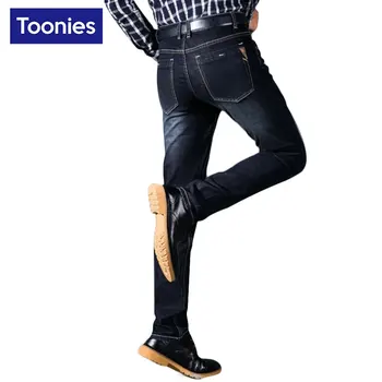 Men's Biker Warm Jeans 2017 Spring Autumn Elastic Casual Slim Denim Blue Sweat Pants for Men Trousers Plus Size Male Pants Jeans