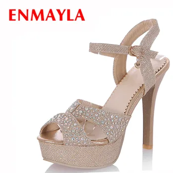 ENMAYLA Fashion Style Womens Peep Toe 2 Colors Gold Shoes High Heels Sandals Pumps Rhinestone Charm Shoes Woman Height Sandals