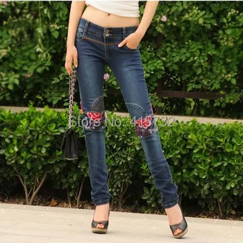 2017 Fashion Long Pants For Women Embroidery Flower Trousers Plus Size Denim Pencil Jeans Chinese Style XL Summer